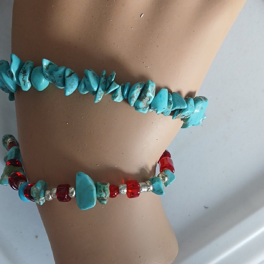 Turquoise and Red Beaded Bracelet Set